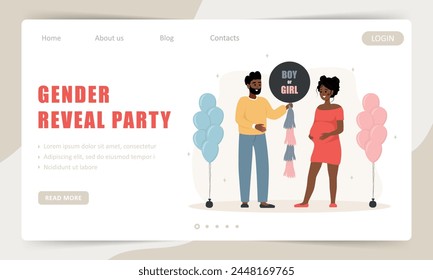 Gender reveal Party. African family holding balloon with inscription Boy or Girl. Landing page template. Baby shower concept. Vector illustration in cartoon style.