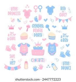 Gender Reveal Party Baby Design Elements Collection. Pink and Blue Cute Bodysuit, Socks, Footprint, Hand Palm, Cake, Bunting, Collection. Boy or Girl, She or He, Little Prince, Little Princess Text.