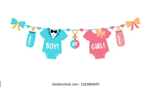 Gender Reveal Party. Baby Shower Celebration. Boy Or Girl? Blue Or Pink? Vector Illustration For Invitation, Card, Banner. 