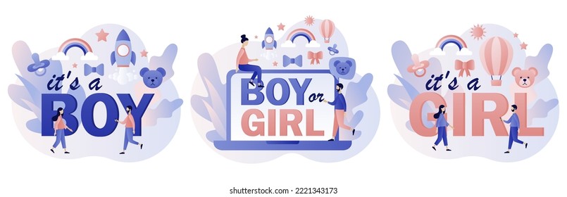 Gender reveal party. Baby shower celebration. Boy or Girl. Modern flat cartoon style. Vector illustration on white background

