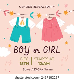 Gender reveal party background. Boy or girl reveal party. gender party. Baby's gender reveal party celebration. Vector Illustration design for Poster, Banner, Invitation Card. blue and pink color.