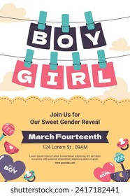 Gender reveal party background. Boy or girl reveal party. gender party. Baby's gender reveal party celebration. Vector Illustration design for Poster, Banner, Invitation Card. blue and pink color.