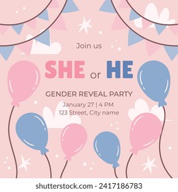 Gender reveal party background. Boy or girl reveal party. gender party. Baby's gender reveal party celebration. Vector Illustration design for Poster, Banner, Invitation Card. blue and pink color.