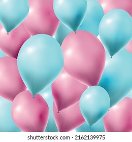 Gender reveal party background with many pink and blue 3d balloons. Ornate vector square backdrop with flying helium balls.