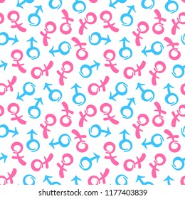 Gender reveal party background. Ornate vector seamless pattern with male and female symbols pink and blue color