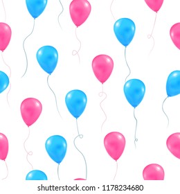 Gender reveal party background. Ornate vector seamless pattern with flying helium balls pink and blue color