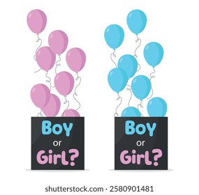 Gender reveal party balloons boxes icons on white background. Decor. Surprise for expectant parents.