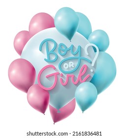 Gender reveal party banner element. Boy or girl question on background of the helium balloons. Newborn baby. Vector realistic 3d illustration. Poster, sticker template, invitation for Baby shower.