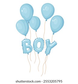 Gender reveal party banner element 'BOY' blue helium balloons flies high. Ideal for baby shower invitations, cards and party decor Festive vector design for celebrations, isolated