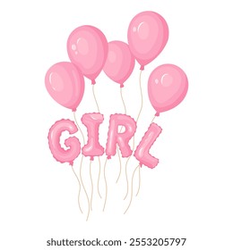 Gender reveal party banner element 'Girl' pink helium balloons flies high. Ideal for baby shower invitations, cards and party decor Festive vector design for celebrations, isolated