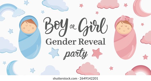 Gender reveal party banner with pink and blue baby decorations for boy or girl celebration with cute design elements