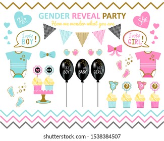 Gender reveal party big set. Baby shower celebration. He or She? Boy or girl? Blue or pink? Vector illustration for invitation, card, poster, banner.

