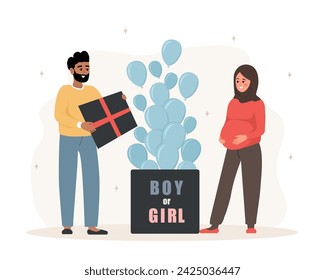 Gender reveal party. Its a boy. Couple opening surprise gift box with inscription Boy or girl. Arabian family expecting unborn child. Blue balloons. Baby shower. Vector illustration in cartoon style.