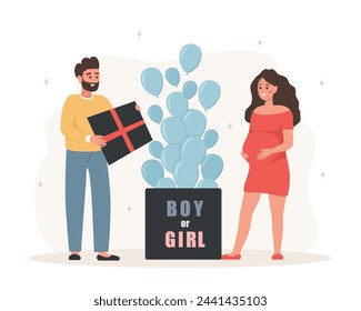 Gender reveal party. Its a boy. Couple opening surprise gift box with inscription Boy or girl. Family expecting unborn child. Blue balloons. Baby shower. Vector illustration in cartoon style.