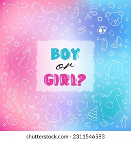 Gender Reveal Party Boy or Girl Pink and blue square background banner for baby shower.