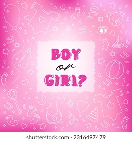 Gender Reveal Party Boy or Girl Pink square background banner for baby shower.