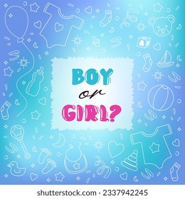 Gender Reveal Party Boy or Girl blue square background banner for baby shower.