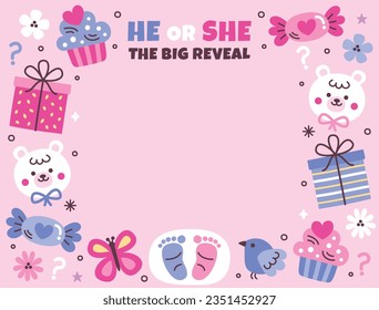 gender reveal party. Boy or girl reveal party. gender party. boy or girl. blue and pink color. balloons. celebration. Baby's gender reveal party. Vector Illustration. Poster, Banner, Invitation Card.