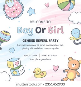 gender reveal party. Boy or girl reveal party. gender party. boy or girl. blue and pink color. balloons. celebration. Baby's gender reveal party. Vector Illustration. Poster, Banner, Invitation Card.