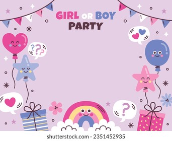 fiesta de revelación de género. Chico o chica revela fiesta. partido de género. niño o niña. azul y rosa. globos. celebración. El género del bebé revela la fiesta. Ilustración vectorial. Cartel, cartel, tarjeta de invitación.