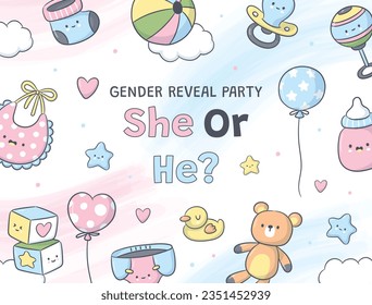 gender reveal party. Boy or girl reveal party. gender party. boy or girl. blue and pink color. balloons. celebration. Baby's gender reveal party. Vector Illustration. Poster, Banner, Invitation Card.