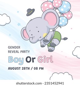 gender reveal party. Boy or girl reveal party. gender party. boy or girl. blue and pink color. balloons. celebration. Baby's gender reveal party. Vector Illustration. Poster, Banner, Invitation Card.