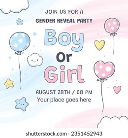 gender reveal party. Boy or girl reveal party. gender party. boy or girl. blue and pink color. balloons. celebration. Baby's gender reveal party. Vector Illustration. Poster, Banner, Invitation Card.