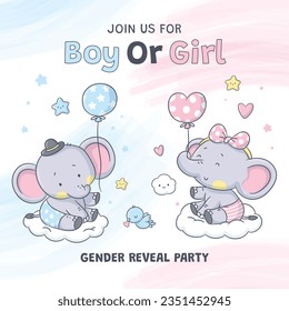 gender reveal party. Boy or girl reveal party. gender party. boy or girl. blue and pink color. balloons. celebration. Baby's gender reveal party. Vector Illustration. Poster, Banner, Invitation Card.