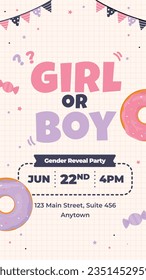 gender reveal party. Boy or girl reveal party. gender party. boy or girl. blue and pink color. balloons. celebration. Baby's gender reveal party. Vector Illustration. Poster, Banner, Invitation Card.
