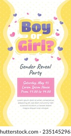 gender reveal party. Boy or girl reveal party. gender party. boy or girl. blue and pink color. balloons. celebration. Baby's gender reveal party. Vector Illustration. Poster, Banner, Invitation Card.