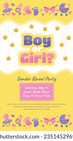 gender reveal party. Boy or girl reveal party. gender party. boy or girl. blue and pink color. balloons. celebration. Baby's gender reveal party. Vector Illustration. Poster, Banner, Invitation Card.