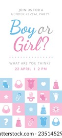 gender reveal party. Boy or girl reveal party. gender party. boy or girl. blue and pink color. balloons. celebration. Baby's gender reveal party. Vector Illustration. Poster, Banner, Invitation Card.