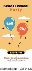 gender reveal party. Boy or girl reveal party. gender party. boy or girl. blue and pink color. balloons. celebration. Baby's gender reveal party. Vector Illustration. Poster, Banner, Invitation Card.