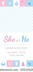 gender reveal party. Boy or girl reveal party. gender party. boy or girl. blue and pink color. balloons. celebration. Baby's gender reveal party. Vector Illustration. Poster, Banner, Invitation Card.