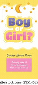 gender reveal party. Boy or girl reveal party. gender party. boy or girl. blue and pink color. balloons. celebration. Baby's gender reveal party. Vector Illustration. Poster, Banner, Invitation Card.