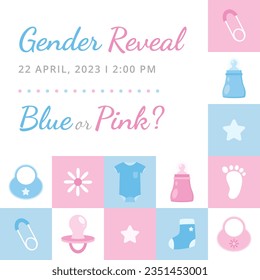 gender reveal party. Boy or girl reveal party. gender party. boy or girl. blue and pink color. balloons. celebration. Baby's gender reveal party. Vector Illustration. Poster, Banner, Invitation Card.