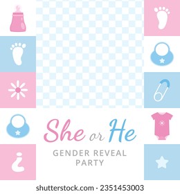 gender reveal party. Boy or girl reveal party. gender party. boy or girl. blue and pink color. balloons. celebration. Baby's gender reveal party. Vector Illustration. Poster, Banner, Invitation Card.