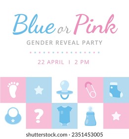 gender reveal party. Boy or girl reveal party. gender party. boy or girl. blue and pink color. balloons. celebration. Baby's gender reveal party. Vector Illustration. Poster, Banner, Invitation Card.