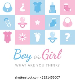 gender reveal party. Boy or girl reveal party. gender party. boy or girl. blue and pink color. balloons. celebration. Baby's gender reveal party. Vector Illustration. Poster, Banner, Invitation Card.