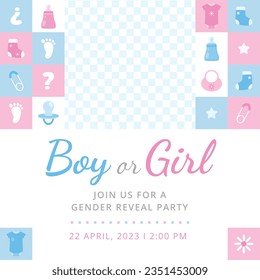 gender reveal party. Boy or girl reveal party. gender party. boy or girl. blue and pink color. balloons. celebration. Baby's gender reveal party. Vector Illustration. Poster, Banner, Invitation Card.