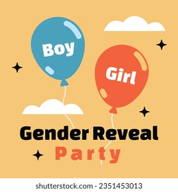 gender reveal party. Boy or girl reveal party. gender party. boy or girl. blue and pink color. balloons. celebration. Baby's gender reveal party. Vector Illustration. Poster, Banner, Invitation Card.