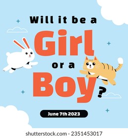 gender reveal party. Boy or girl reveal party. gender party. boy or girl. blue and pink color. balloons. celebration. Baby's gender reveal party. Vector Illustration. Poster, Banner, Invitation Card.