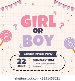 gender reveal party. Boy or girl reveal party. gender party. boy or girl. blue and pink color. balloons. celebration. Baby's gender reveal party. Vector Illustration. Poster, Banner, Invitation Card.