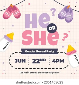 gender reveal party. Boy or girl reveal party. gender party. boy or girl. blue and pink color. balloons. celebration. Baby's gender reveal party. Vector Illustration. Poster, Banner, Invitation Card.