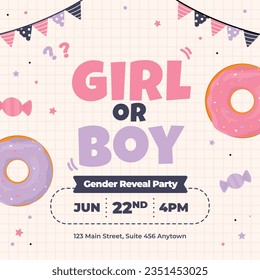 gender reveal party. Boy or girl reveal party. gender party. boy or girl. blue and pink color. balloons. celebration. Baby's gender reveal party. Vector Illustration. Poster, Banner, Invitation Card.