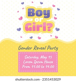 gender reveal party. Boy or girl reveal party. gender party. boy or girl. blue and pink color. balloons. celebration. Baby's gender reveal party. Vector Illustration. Poster, Banner, Invitation Card.