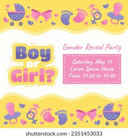 gender reveal party. Boy or girl reveal party. gender party. boy or girl. blue and pink color. balloons. celebration. Baby's gender reveal party. Vector Illustration. Poster, Banner, Invitation Card.