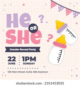 gender reveal party. Boy or girl reveal party. gender party. boy or girl. blue and pink color. balloons. celebration. Baby's gender reveal party. Vector Illustration. Poster, Banner, Invitation Card.