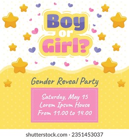 gender reveal party. Boy or girl reveal party. gender party. boy or girl. blue and pink color. balloons. celebration. Baby's gender reveal party. Vector Illustration. Poster, Banner, Invitation Card.