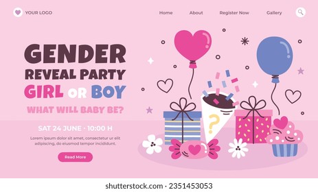 gender reveal party. Boy or girl reveal party. gender party. boy or girl. blue and pink color. balloons. celebration. Baby's gender reveal party. Vector Illustration. Poster, Banner, Invitation Card.